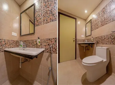two pictures of a bathroom with a toilet and a sink at Treebo Venition Inn in Coimbatore