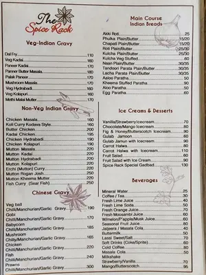 a menu for the spice reef restaurant at The Cocoon in Gonikoppal