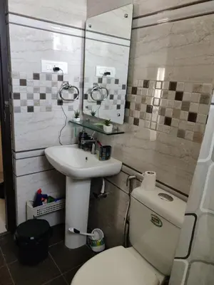 a bathroom with a white toilet and a sink at Suvarna Compact in Mysore