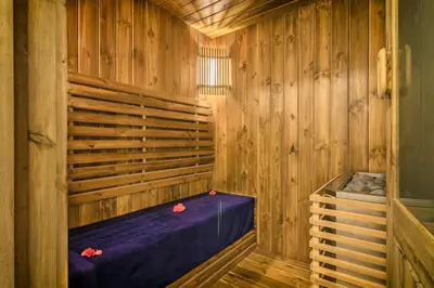 a sauna with a purple bed in a wooden room at Elixir Hills Suites Resort and Spa in Munnar