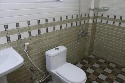 a bathroom with a toilet and a sink and a shower at Green Garden Deluxe Room in Vayittiri