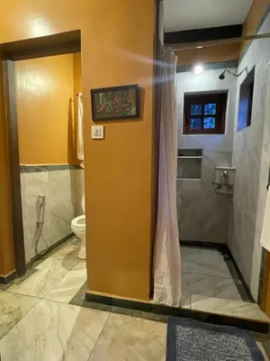 a bathroom with a shower and a toilet and a door at Stumpfields in Ooty