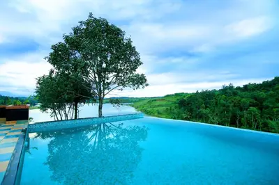 a swimming pool with a tree next to a river at Vista Del Lago in Ambalavayal