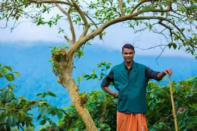 a man standing next to a tree with a stick at After the Rains - Rainforest Lodge in Meppādi