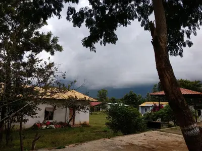a small white house with a mountain in the background at Singaras Coffee Country in Masinagudi
