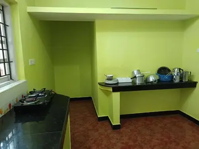 a kitchen with green walls and a counter with a stove at smile stone individual cottage in Ooty