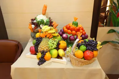 a display of fruits and vegetables on a table at Trichur Towers in Trichūr