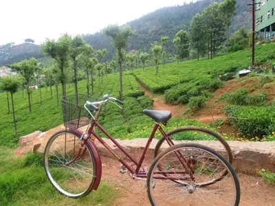 a red bike parked on a dirt road next to a hill at Colonial 4 B/R Home, Great for Families, Coonoor in Coonoor