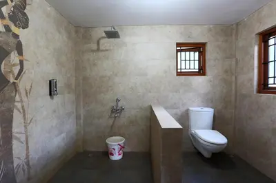 a bathroom with a toilet and a sink and a shower at Rustling River Resort in Ooty