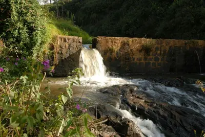 a small waterfall in the middle of a river at Rustling River Resort in Ooty