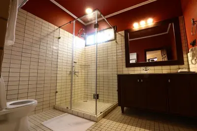 a bathroom with a shower with a toilet and a sink at 7 BHK Luxury Heritage Villa - Rock Ooty in Ooty