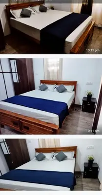 two pictures of two beds in a room at family huts in Tariyod