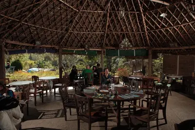a restaurant with tables and chairs and people sitting around them at Elephant Valley Eco Farm Hotel in Kodaikānāl