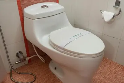 a white toilet in a bathroom with a hose at Meadows Residency in Ooty