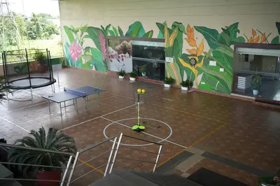 a room with a basketball court in front of a mural at Flora Airport Hotel and Convention Centre Kochi in Nedumbassery