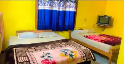 two beds in a yellow room with a tv at Long Wood Hills Cottage in Ooty
