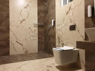 a bathroom with a shower and a toilet and a sink at D Wayfarer Inn Resort in Erode