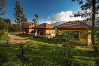 two yellow cottages in a yard with trees and grass at Agraharam Resorts in Thirunelli