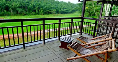two chairs on a porch with a view of a field at Vayal Veedu in Muthanga
