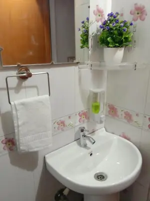 a white sink in a bathroom with flowers on the wall at Coorg Homeland Homestay -With Kitchenette in Madikeri