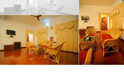 two pictures of a living room and a dining room at Ayuryogashram Heritage in Trichūr