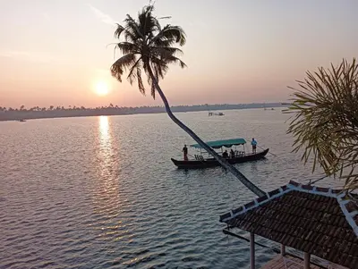 a boat on the water with a palm tree at SAGAR BEACH VILLAS Home stay in Cherai Beach