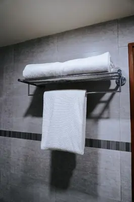 a bathroom with three towels on a wall at Hotel Devaragam by K P Namboodiri's in Guruvāyūr