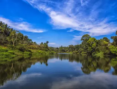a river in the amazon jungle under a cloudy sky at Keloth Tharavadu in Panamaram