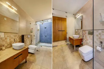 two pictures of a bathroom with a toilet and a sink at StayVista at Tall Silver with Infinity Pool & Breakfast -2BR in Madikeri