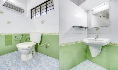 two pictures of a bathroom with a toilet and a sink at Itsy Hotels Ammu Regency in Trichūr