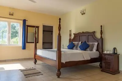 a bedroom with a large bed with blue pillows at Yellow Tulip Hill Side Luxury Villa by LexStays in Coonoor