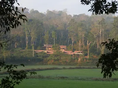 a house on a hill next to a field at Estate Stay - Riverside Coffee in Siddapur
