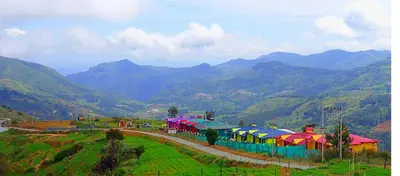 a group of colorful umbrellas on a hill with mountains at The Bowers Chalet Private Campfire & Lawn BBQ, WIFI, Breakfast Hill Top 360 degree view in Ooty