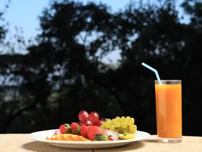 a plate of fruit and a glass of orange juice at The Tamara Coorg in Kakkabe