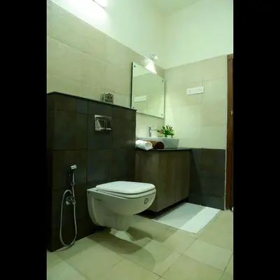 a bathroom with a toilet and a sink and a mirror at Dakshin Ghats in Tariyod