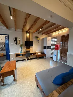 a bedroom with a bed and a desk and a television at Ganga's Sri Balaji Cottage in Ooty