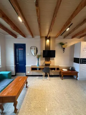 a living room with a bed and a tv at Ganga's Sri Balaji Cottage in Ooty
