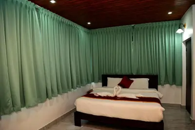 a bedroom with green curtains and a bed at Wayanad Cave N Pillar Resort in Sultan Bathery