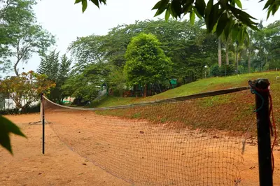 a net in the middle of a dirt field at Wayanad Cave N Pillar Resort in Sultan Bathery