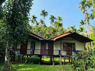 a house with a balcony and palm trees at Standard family hut in Tariyod