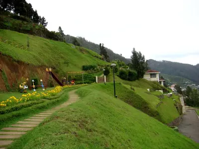 a path on a grassy hill with yellow flowers at Mountain Retreat - A Hill Country Resort in Ooty