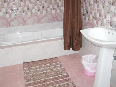 a bathroom with a sink and a tub and a toilet at CoconutCrazy! Homestay in Ottappālam