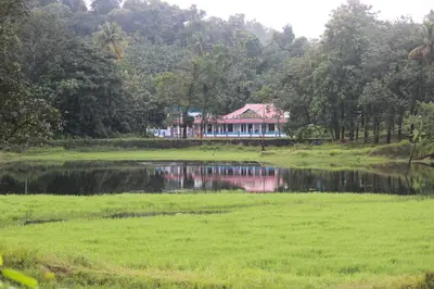 a house in the middle of a field next to a pond at Jewel Homes Thattekad - ISO 9001 certified Birding & Family Nature Stay in Thattakād