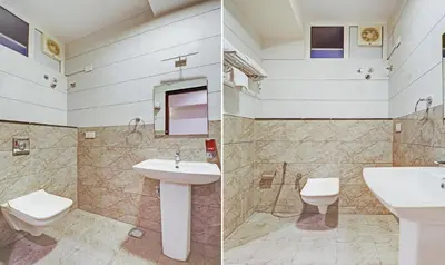 two pictures of a bathroom with a sink and a toilet at Treebo RJ Residency in Mysore