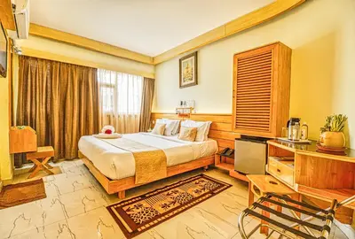 a hotel room with a bed and a television at Parklane Hotel in Mysore