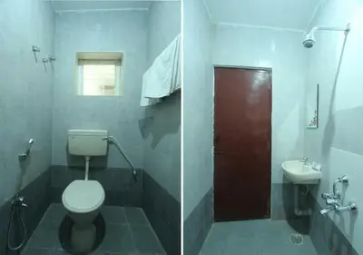 two pictures of a bathroom with a toilet and a sink at JR Guest Home in Coimbatore