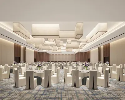 a rendering of a banquet hall with tables and chairs at Hyatt Regency Thrissur in Trichūr