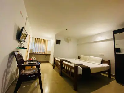 a bedroom with two beds and a tv and a chair at mangosteen holidays in Vythiri