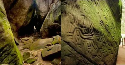 two pictures of a cave with a painting on a rock at Chamayam Holiday Villa in Meenangadi