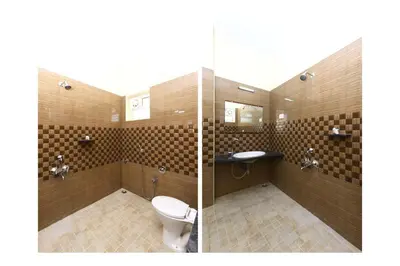 two pictures of a bathroom with a toilet and a sink at Sri Kamadhenu Residency in Coimbatore